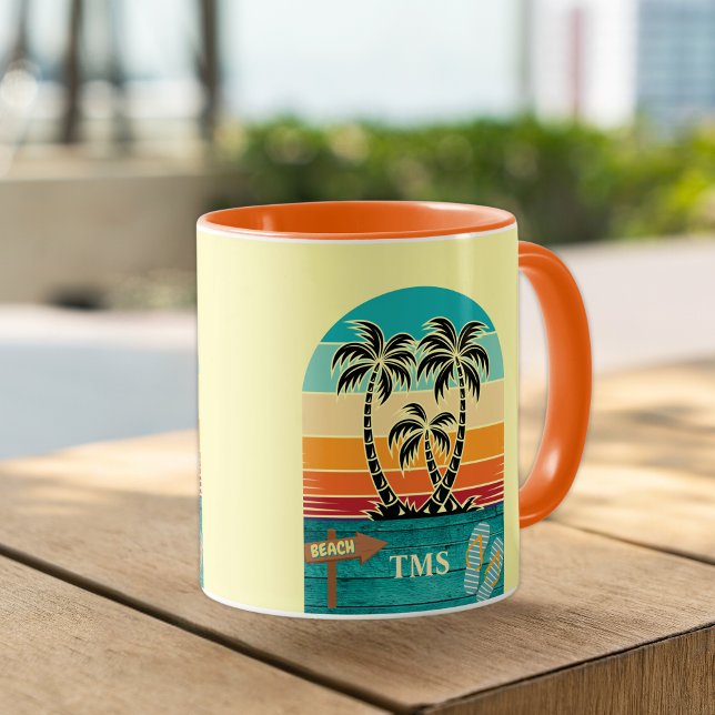 Mug Palm Tree Tropical Retro Sunset FlipFlops Monogram (Créateur téléchargé)