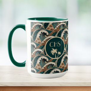 Mug Palmiers Polynésiens Vagues Plage Vintage Monogram
