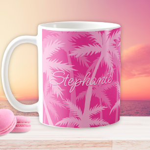 Mug Palmiers tropicaux Monogramme rose chaud