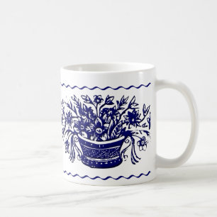 Mug Panier à fleurs rustique bleu blanc et bandeau