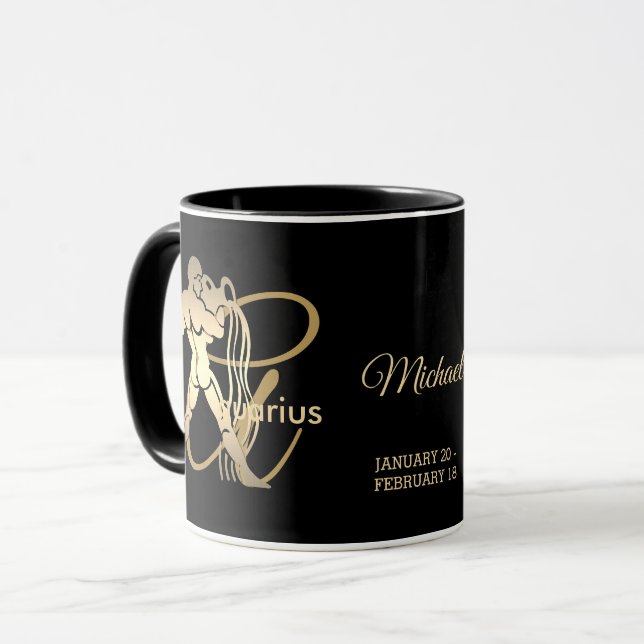 Mug Panneau d'anniversaire Aquarius ♒ Zodiac / Noir et (Devant gauche)