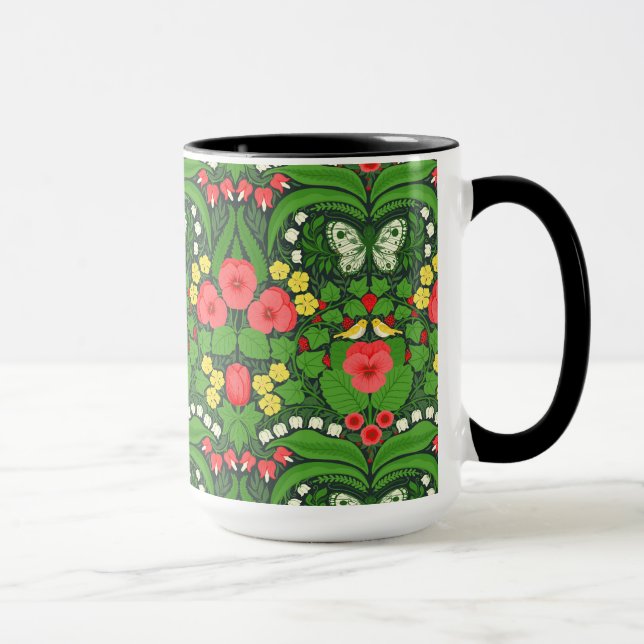 Mug Pansies rouges, oiseaux et papillons (Droite)