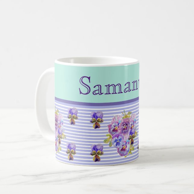 Mug Pansy Flower Aqua Bande art floral personnalisable (Devant gauche)
