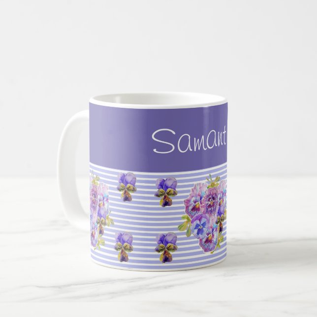 Mug Pansy Flower Purple Stripe floral personnalisable (Devant gauche)