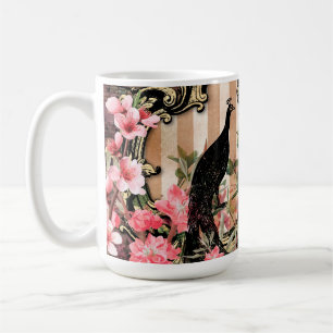 Mug Paon et fleurs illustrés de style antique grunge
