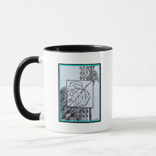 Mug Paon & Feuille Encre Noir & Blanc Bordure Turquois