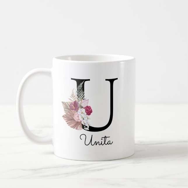 Mug Papier à lettres rose floral initial U (Gauche)