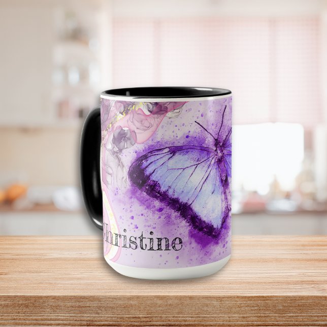 Mug Papillon Aquarelle Personalisé Purple et Or (Purple and Gold Watercolor Butterfly Mug)
