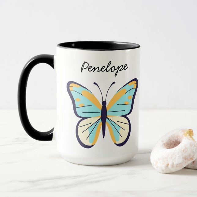 Mug Papillon Bleu jolie ・ Nom personnalisable (Avec donut)