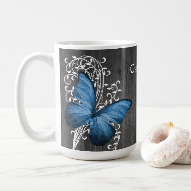 Mug Papillon bleu rustique Bouge de café personnalisée (Avec donut)