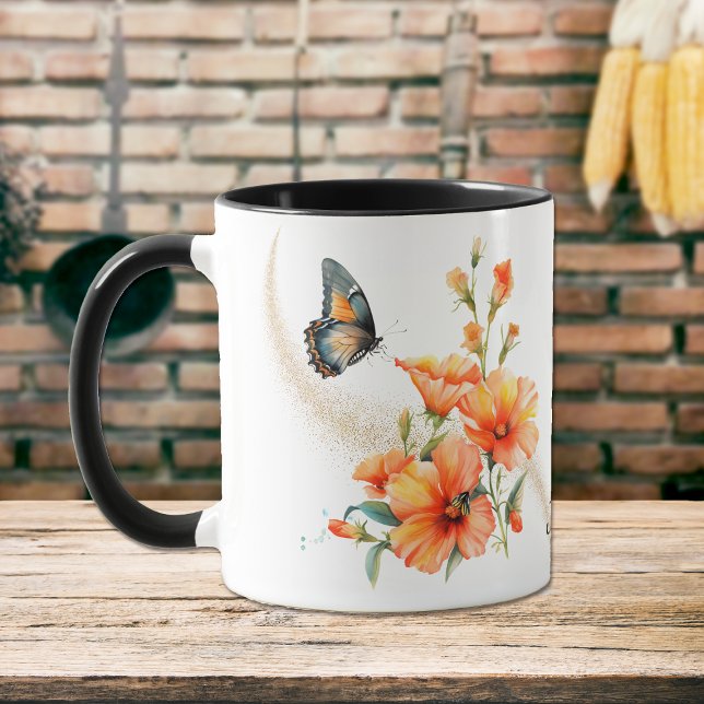 Mug Papillon floral de crapet bleu orange (Créateur téléchargé)