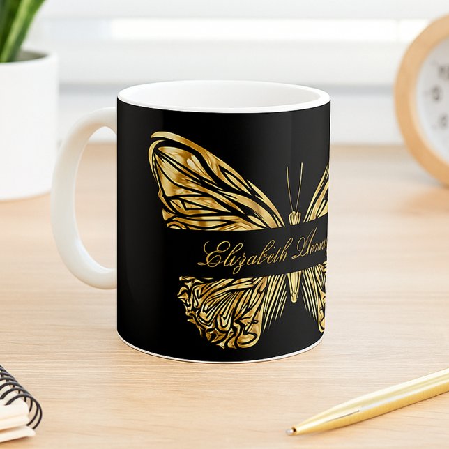 Mug Papillon noir or élégant nom script (Créateur téléchargé)