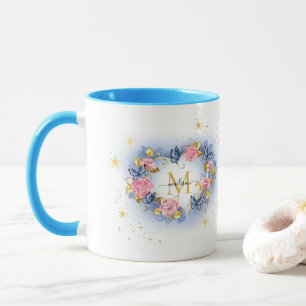 Mug Papillon & Rose Cœur I Monogramme Initiale Or