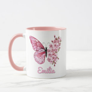 Mug Papillon rose personnalisé et fleur de cerisier