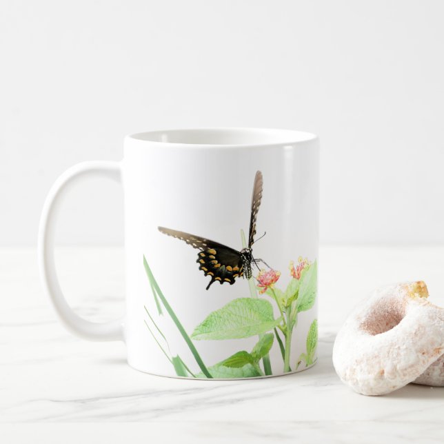 Mug Papillon sur Lantana, sur Blanc (Avec donut)