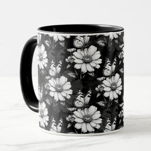 Mug Papillon sur Motif à fleurs - Noir