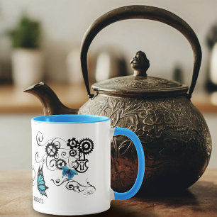 Mug papillons bleus tribaux steampunk engrenage tourbi