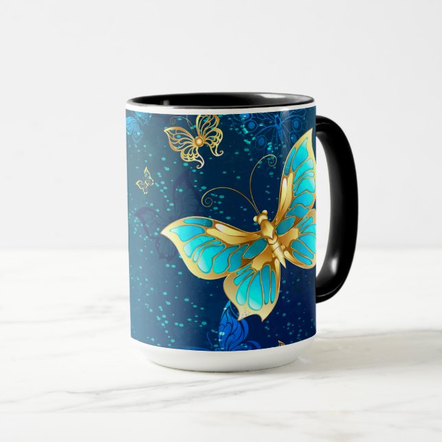 Mug Papillons d'or sur un Arrière - plan bleu (Devant droit)