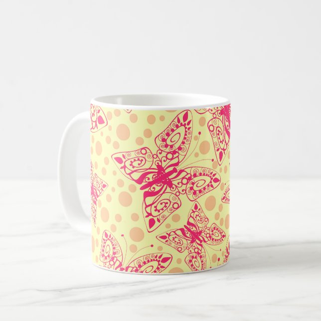 Mug papillons en dentelle pourpre sur pois jaune (Devant gauche)