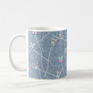 Mug Papillons en relief aquarelle sur lin bleu denim