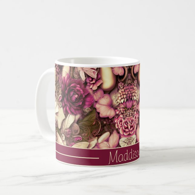 Mug Papillons Et Roses De Collage Décoratifs (Devant gauche)