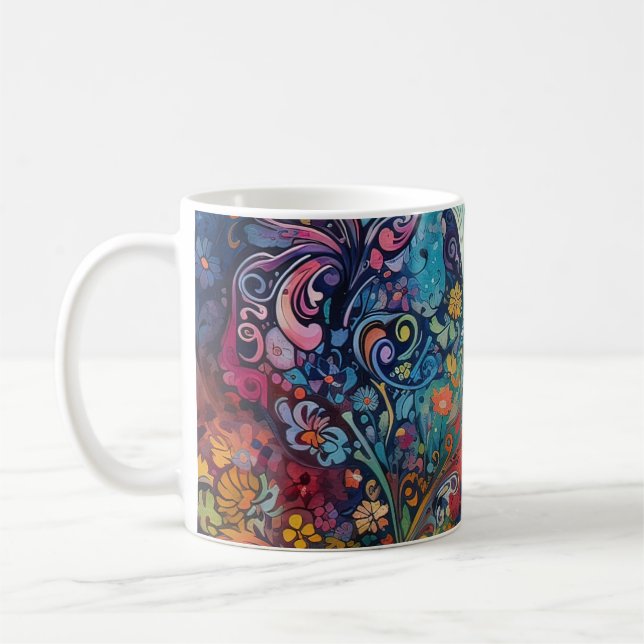 Mug Papillons fleurs chats. Art psychédélique. (Gauche)