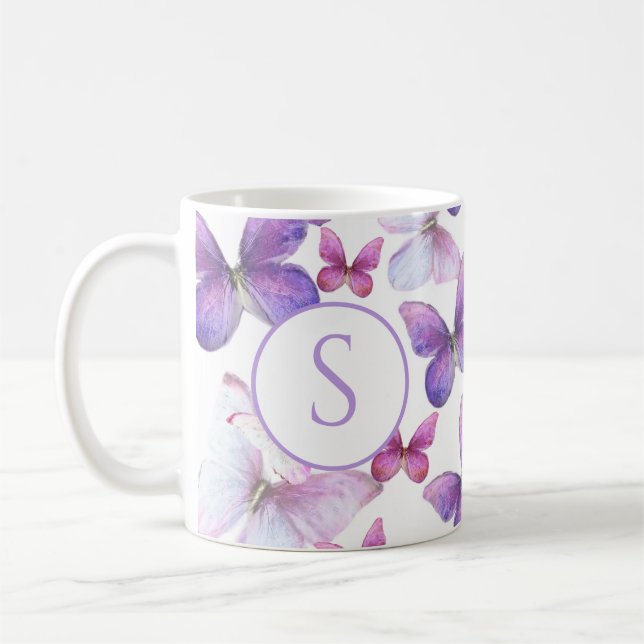 Mug Papillons rose et violet Monogramme personnalisé (Gauche)
