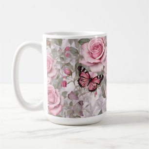 Mug Papillons rose pâle et fleurs Roses