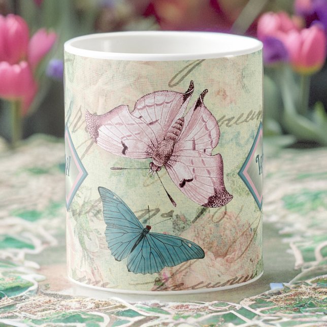 Mug Papillons roses et bleus et Roses avec Monogramme (Créateur téléchargé)