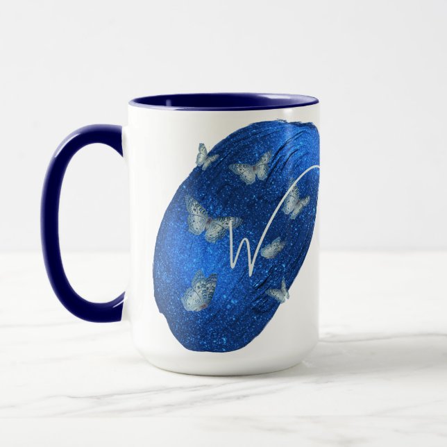 Mug Papillons Royal Blue Initiales Lettre W Monogramme (Gauche)