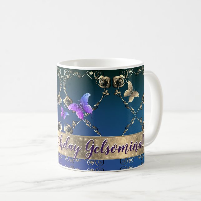 Mug Papillons violets roses avec nom (Devant droit)