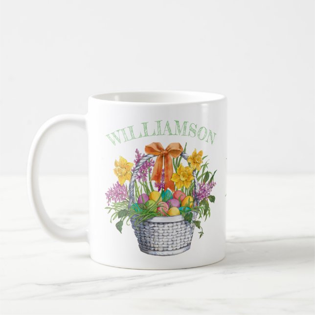 Mug Pâques Panier Jaune Purple Nom du monogramme flora (Gauche)