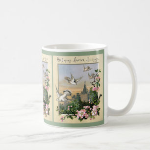Mug Pâques vintages, oiseaux de colombe blanche et fle