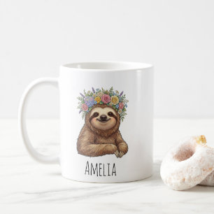Mug Paresseux floral mignon personnalisé avec couronne