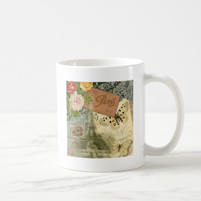 Mug Paris France Art Antique Collage Eiffel Français (Droite)