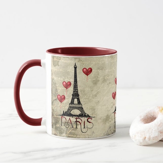 Mug Paris, la Tour Eiffel et le Parchemin du Coeur Rou (Avec donut)