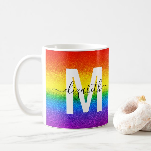 Mug Parties scintillant arc-en-ciel chic rayures Nom d (Avec donut)