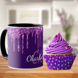 Mug Parties scintillant violet gouttes nom monogramme 
