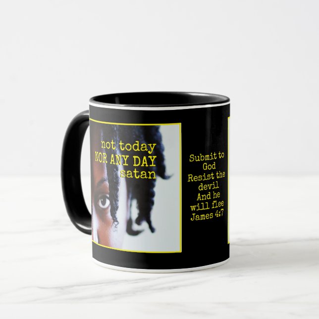 Mug PAS AUJOURD'HUI SATAN | Femme noire forte (Devant gauche)