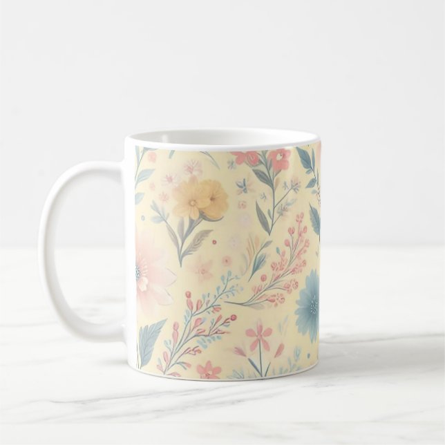 Mug Pastel Floral rose & bleu sur jaune clair (Gauche)
