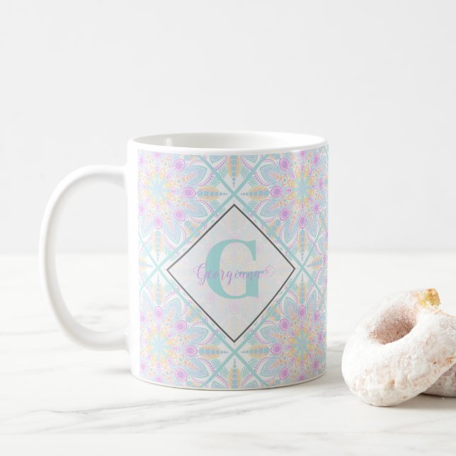 Mug Pastel personnalisé Arc-en-ciel Floral Mandala Car (Avec donut)