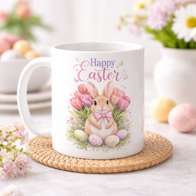 Mug Pastel Pink Tulips Easter Bunny Happy Easter (Créateur téléchargé)