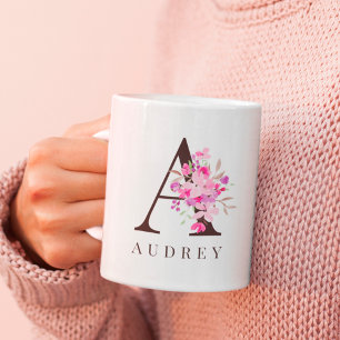 Mug Pastel rose floral noir gras script monogramme nom