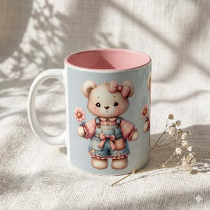 Mug Pastel Teddy Bear Holding Flower Wear Overalls