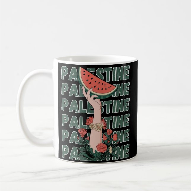 Mug pastèque, fleurs et palestine Texte Répéter (Gauche)