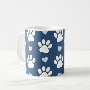 Mug Pattern of paws, Dog paws, White paws, Blue Hearts