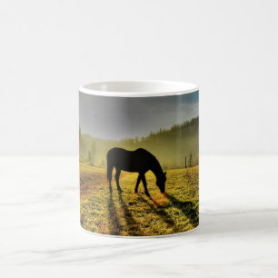 Mug Pâturage à cheval au lever du soleil dans le champ