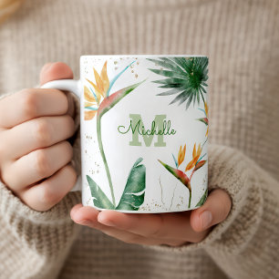 Mug Paume de feuillage Tropical Monogramme Floral Or