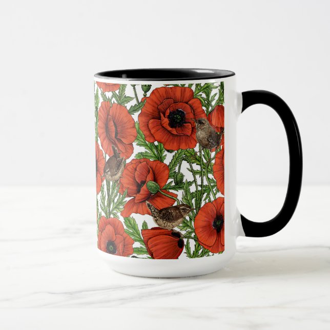 Mug Pavot rouge et brindilles, feuilles verts sur blan (Droite)
