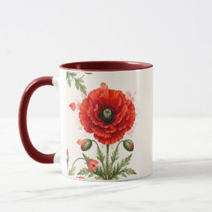 Mug Pavot rouge floral monogramme aquarelle Fleur sauv
